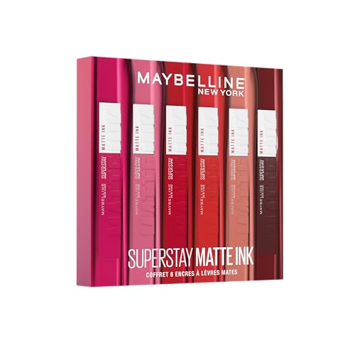 Maybelline New York - Set mit 6 flüssigen Lippenstiften, langanhaltend, Superstay Matte Ink – Farben: Lover (15)/Seductress (65)/Artist (120)/Dancer (118)/Pioneer (20)/Voyager (50), 6 Stück(1er Pack)