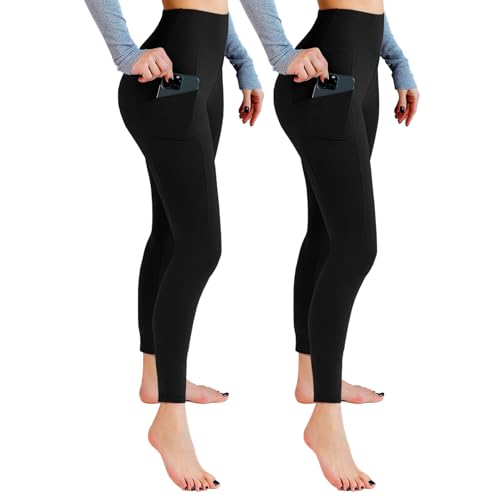 Leafigure 2er Pack Sport Leggings Damen High Waist Sporthose Damen Mit Taschen Gym Leggings Blickdicht für Sport Yoga Schwarze SM