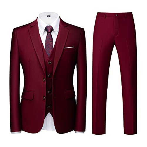 KUDORO Herren Anzüge 3-teilig Slim Fit Einreihig Zwei Knöpfe für Hochzeit Business Anzug Herren Formell Sakko Weste Hose(Weinrot,L)