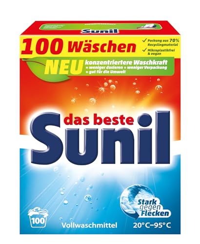 Sunil aktiv Pulver - Vollwaschmittel - für 100 Wäschen - Flecklösekraft, hautverträglich, mikroplastikfrei, vegan - 5 kg