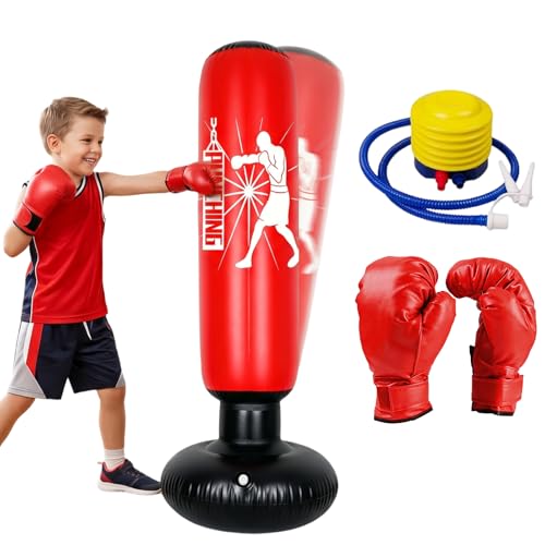 Boxsack für Kinder von 6–12 Jahren, 160cm Standboxsack Aufblasbarer mit Boxhandschuhe Boxsack Stehender, Geschenk für Jungen und Mädchen Üben von Karate, Kickboxen,Taekwondo, MMA (Rot)