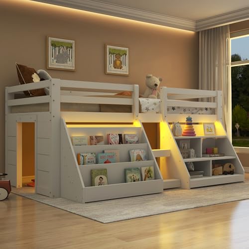 Kinderbett Halbhochbett 90x200 mit LED Beleuchtung, Einzelbett mit Treppe & Aufbewahrungsschrank, Stauraumbett Holzbett Funktionsbett Jugendbett mit Rausfallschutz & Lattenrost, Weiß, ohne Matratze