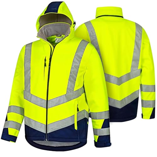 Safetytex Warnschutz Softshelljacke - Wind- und Wasserdicht - Atmungsaktiv - Hoch Sichtbar - Arbeitsjacke in gelb/marine - Größe L
