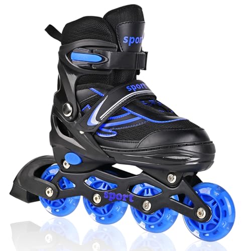 LOKJIJI Einstellbare Inline Skates für Kinder Mädchen Jungen Anfänger, Inline Skates mit Light Up Räder für Kinder und Jugendliche für drinnen draußen Sport Schwarz & Blau (Small)