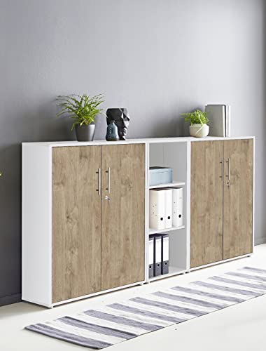 Schrankwand Office Edition abschliessbarer Aktenschrank Büroschrank Büromöbel Regal in Weiß/Gold Harbor Oak (Set 8)