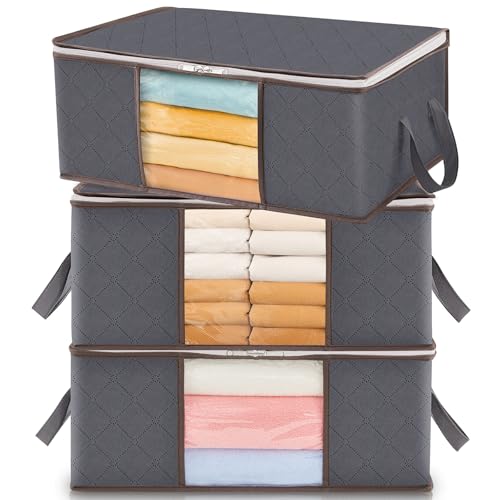 Lifewit 3 Stück 35L Aufbewahrungstasche, Unterbett Aufbewahrungsbox Kleideraufbewahrung, Faltbare Umzugskartons mit Klarem Fenster für Bettdecken Kleidung Decke T-Shirts Kleiderschrank, Grau