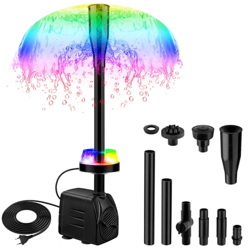 NATPOW Springbrunnenpumpe Aussen mit LED, RGB Teichpumpe für Miniteich, Aquariumpumpe mit 3M Kabel, 3 Wechselnden Farben, 3 Düsen, 800L/h 15W Gartenbrunnen Pumpe Klein für Gartenteich, Wasserfall