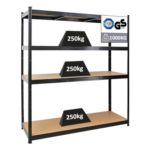 PROREGAL Schwerlastregal Taurus XL mit TÜV/GS Zertifizierung 180x160x60cm Gesamtlast 1000kg Schwarz Kellerregal, Steckregal, Garagenregal, Lagerregal