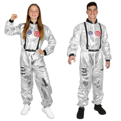 AUYAO Astronaut Kostüm Erwachsene Herren Frauen, Silber Astronauten Space Anzug Weltall Kostüm mit Taschen, Spaceman Raumfahrer Costume für Damen Herren Faschingskostüme Halloween Cosplay Karneval, S