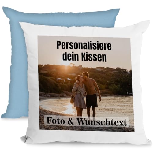 Personalisiertes Kissen 40x40 cm mit Foto & Kissenfüllung – Individuelles Fotokissen mit Bild – Personalisiertes Geschenk für Frauen, Männer & Freundin – Dekokissen & Kuschelkissen, Weiß/Blau