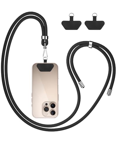 COCASES Handyband Universal mit 2 Pads, Handy Lanyard zum Umhängen mit 2 Stück Patchs, Handygurt aus Nylon kompatibel mit jeden Smartphones, Umhängenband Abnehmbar für meisten Hülle Dunkelschwarz