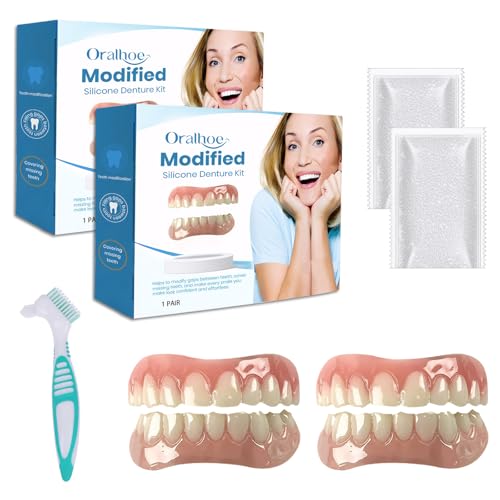 2 Stück Gebiss,Bikenda Zahnersatz, FurzeroSilikon Reline Gebiss Set,Silikon zähneZahnprothese Silicone Reline Denture Set,Zahnreparaturset Kommt Mit Einer Grünen Zahnbürste