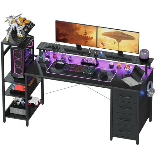 YOUDENOVA Gaming Schreibtisch 150 * 50cm,Gaming Tisch mit LED-Beleuchtung & Steckdose,Computertisch mit Schubladen,Carbon Fiber Schwarz