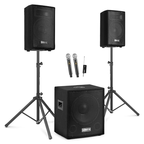 Vonyx VX0812BT - PA Anlage Komplettset + 2 Mikrofonen, Aktiv Subwoofer, 2X Passiv Hochtöner - 800 Watt, Ständer, Bluetooth, MP3, USB, SD, Mikrofonanschluss, mobiles System, DJ Boxen Set