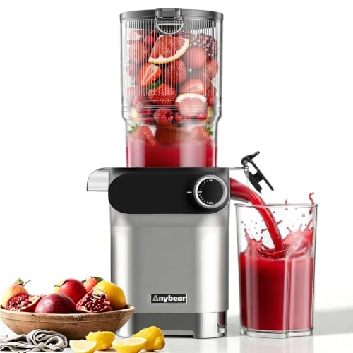 Anybear Entsafter, 200W Slow Juicer Kaltentsafter mit 110 mm großem Einfüllschacht für ganze Früchte/Gemüse | Upgraded Schnecke | Tritan-Material | BPA-frei | Inkl. Saftrezepte (Silber & Orange)