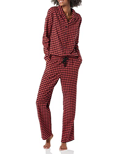 Amazon Essentials Damen Flanell-Schlafanzug mit Shirt mit Langen Ärmeln und Knopfleiste vorne und Hose, Rot Schwarz Buffalokaros Muster, M