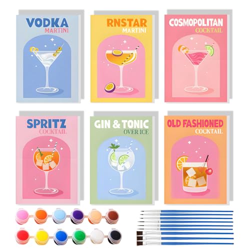 Malen Nach Zahlen Erwachsene, Malen nach Zahlen Set, Cocktail-Kollektion, 6 Stück, 15 x 20 cm, Moderne Bar-Mixologie Kunst Serie (Rahmenlos, #052-6-teiliges Cocktail-Set (15 * 20cm))