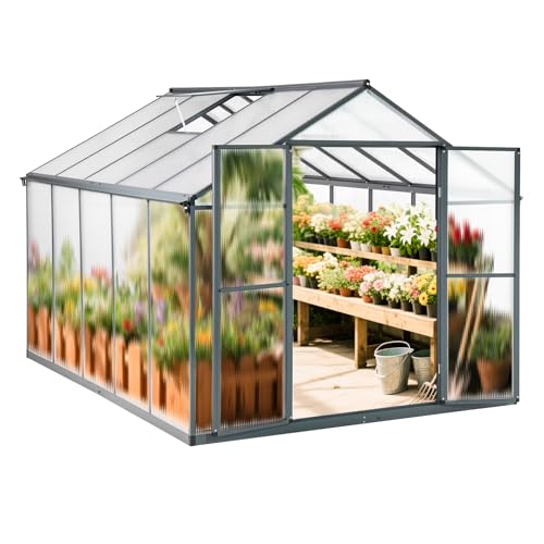 Euboer Gewächshaus Aluminium mit 302 x 238cm Fundament 4mm Platten gartengewächshäuser groß Treibhaus Winterfest Frühbeet Aufzucht 11,70m³ Doppeltür Grau