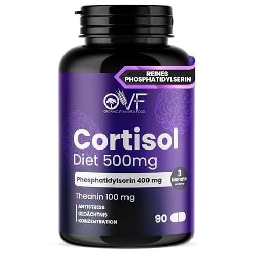 Cortisol Diet 500mg Phosphatidylserin 400mg + L-Theanin 100mg 90 Kapseln Cortisol Senken Und Sich Konzentrieren Cortisol Blocker Unterstützt Gedächtnis und Konzentration Glutenfrei Made in Italy