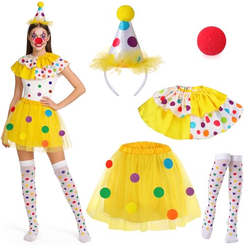 Beipegin Clown Kostüm Damen Regenbogen Tutu Nase Kragen Stirnband Zirkus Kostüm Damen Karneval Faschingskostüme Erwachsene