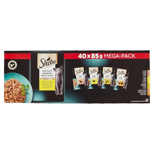 Sheba Mini Filets – Frischebeutel in Sauce, Auswahl mit Geflügel für ausgewachsene Katzen – 40 x 85 g