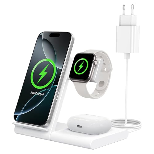 WATOE Ladestation Apple Watch und iPhone, 3 in 1 Ladestation für iPhone 17/16/15/14/13/12/11/Pro/Max/Plus, Apple Watch Ultra 3/11/10/9/8/7/6/SE 3, für AirPods 4/3/2/Pro 3 (Weiß)