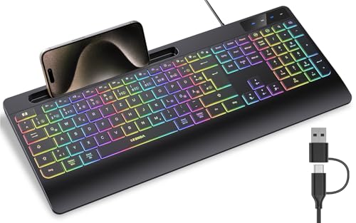 seenda KOE200 Kabelgebundene Tastatur beleuchtet, ergonomische Tastatur mit Handyhalter und Handballenauflage für PC/Tablet/Smarthandy/Windows/Mac, USB & Typ C Kabel, leise Klicken - QWERTZ Layout