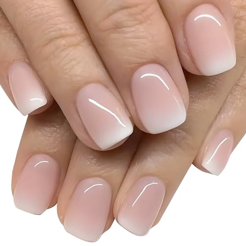 24 Stück Press on Nails,Künstliche Nägel Kurz,Fingernägel zum Aufkleben,Square Rosa Nude Pink Gradient White Fake Nails Full Cover Kunstnägel,Nägel zum Aufkleben Kurz für Frauen & Mädchen