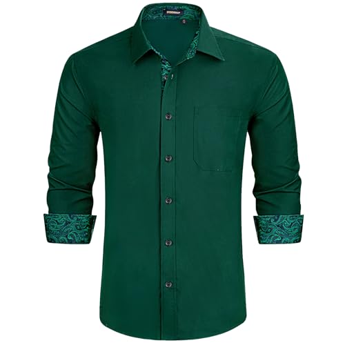 HISDERN Hemd Langarm Herren Dunkelgrün Formale Hemd Business Regular Fit Freizeithemden Button Down Arbeit Hochzeit mit Taschen,Dunkelgrün,2XL