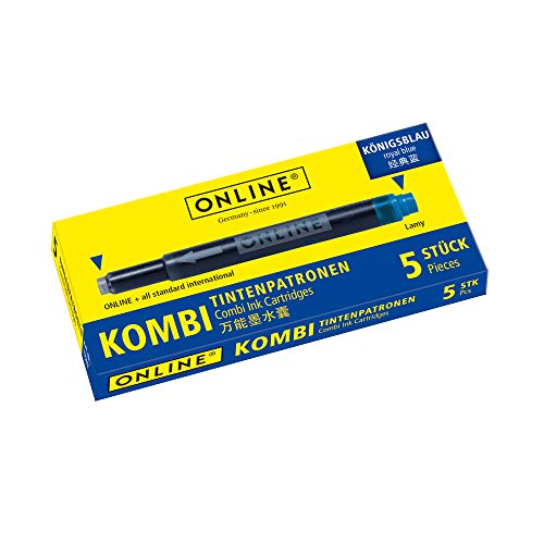 ONLINE Kombi-Tintenpatronen, Universal-Ersatz-Patronen, kompatibel mit allen gängigen Füllern, auch Lamy-Füller, löschbar, auswaschbar, Schachtel mit 5 Großraum-Patronen, Farbe: Königsblau