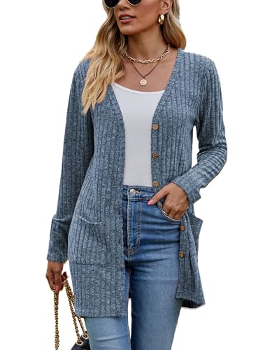 Famulily Damen Langarm Cardigan Herbst Winter Button Down Cardigans Sweater (L, Blau)