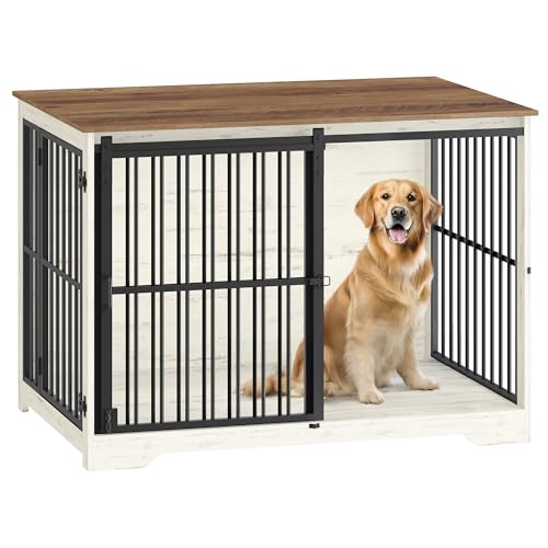 Hzuaneri Hundekäfig Möbel, 110 cm Hundebox, 2 Türen, Moderne Hundekäfig Indoor für Kleine/Mittlere/Große Hunde, Beistelltisch, Verstärkte Schiebetür, 110 × 65 × 81 cm, Weiß Braun DFC84414B