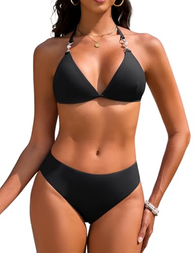 Vijamiy Triangel Bikini Damen Set Sexy Push Up Zweiteiliger Bademode String Bikinis für Damen Neckholder Swimsuit Träger Oberteil mit Riemen Perlen(Schwarz,M)