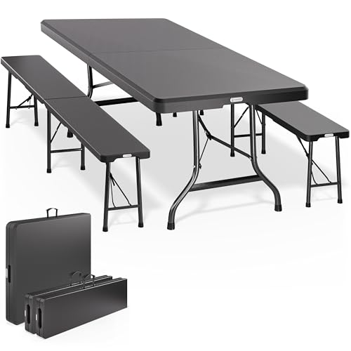 Casaria® Bierzeltgarnitur Klappbar Kunststoff mit Griff 180cm Klapptisch Bierbank 3-teilig Set Biertischgarnitur Campingtisch Bierbankgarnitur Grau