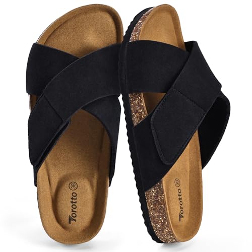 Torotto Damen Pantoletten mit Kork-Fußbett und verstellbarem Riemen - Bequeme Hausschuhe für Indoor und Outdoor - Weiches Obermaterial mit Gummisohle - Schwarz, Gr. 39