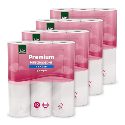 by Amazon Premium Toilettenpapier, 4-lagig, 48 Rollen (4 Packungen à 12 Stück), 160 Blatt pro Rolle, FSC-zertifiziert
