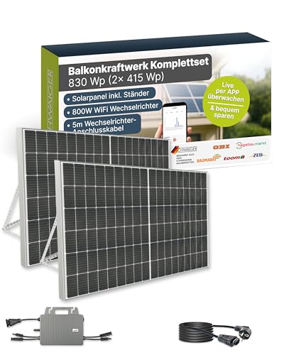 SCHWAIGER Balkonkraftwerk Komplettset 830 Wp I 2× 415 Wp Solarpanels inkl. Ständerwerk, 800W WiFi Wechselrichter, 5m Anschlusskabel I Plug & Play Solaranlage Photovoltaik für Balkon & Garten