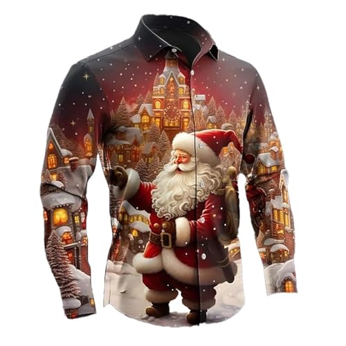 Celanisai Weihnachtshemd Herren Weihnachtsmann 3D Druken Mode Langarmhemd Schmale Passform Freizeithemd Langarm Reversekargen Weihnachten Hemden Busienss Slim Fit Shirts Weihnachtsoutfit
