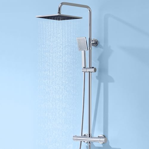 Auralum Thermostat-Duscharmatur komplettset mit Verbrühschutz, Duschsystem mit Regendusche, Duschgarnitur mit 25x25cm Regenbrause, Handbrause, Edelstahl-Duschstange & Schlauch