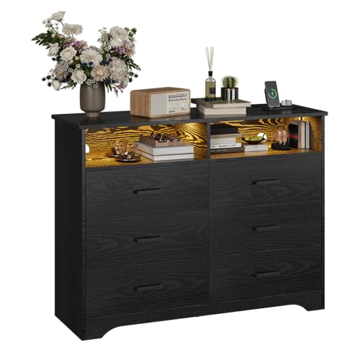 IRONCK Kommode Schwarz, Komodenschrank mit LED-Lichtleiste und 2 Steckdosen, Schubladenschrank mit 6 Schubladen und 2 Fächer für Wohnzimmer, Schlafzimmer, Holz, 120 cm breit