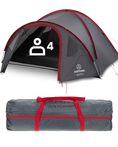 JUSTCAMP Scott Camping Zelt 4 Personen - großes Kuppelzelt mit Schlafkabine & verschließbarem Vorraum - Familienzelt mit Lüftung, Moskitonetz & Lampenhalter - leicht, wasserdicht, stabiles Fiberglas