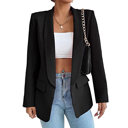 ALSOGO Damen Blazer Langer Casual Open Front Blazer Arbeit Büro Jacken mit Taschen Schwarz M