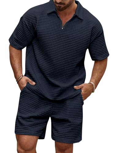JMIERR Herren 2 Pcs Waffel Polosuit Outfits Halb Zip Polo Shirt und Short Texturiert Sommer Set,Blau M