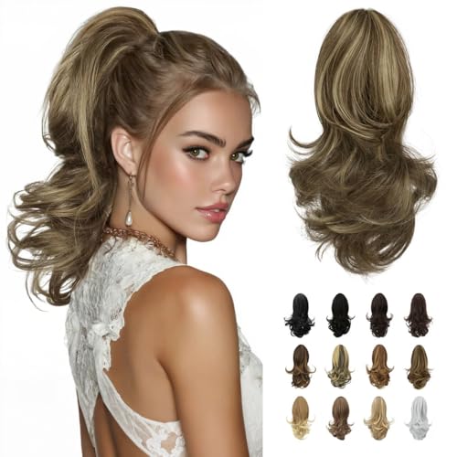 Sofeiyan 33cm Pferdeschwanzverlängerung Langer lockiger Pferdeschwanz Clip in Klaue Haarverlängerung Natürlich aussehendes synthetisches Haarteil für Frauen, Bleachblonde Hervorgehobene Aschebraun