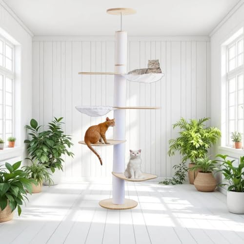 Katzenbaum Deckenhoch – 5-stöckiges Katzenkletter-Aktivitätszentrum mit Kratzbaum, 4 Etagen, 2 Hängematten, höhenverstellbar (190–260 cm), von Boden bis Decke, platzsparend & stabil