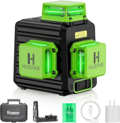 Kreuzlinienlaser, Huepar 3 x 360° Laser Wasserwaage Selbstnivellierenden, Kreuzlinienlaser Grün 12 Linien Laser, Linienlaser kreuzlaser Baulaser für Innenbereich Baustelle(mit Lithium-Batterie), B03CG