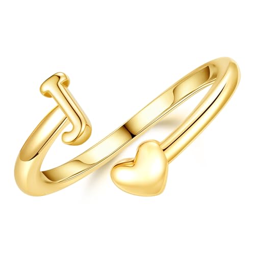 TINGN Ringe Gold Damen Mädchen 14K Vergoldete Wasserfest Verlobungsring Goldene Ringe mit Buchstaben J Stapelbar Promise Daumenring Statement Goldring mit Herz Damen Mädchen Schmuck Geschenk