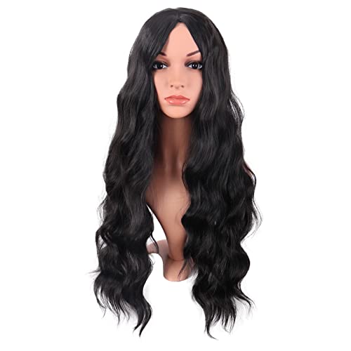 MapofBeauty 28 Zoll/70 cm Länge Wavy Synthetische Faser Lockige Haarfasern Ersatz Perücke für Partys Cosplay Täglich Perücke (Schwarz)