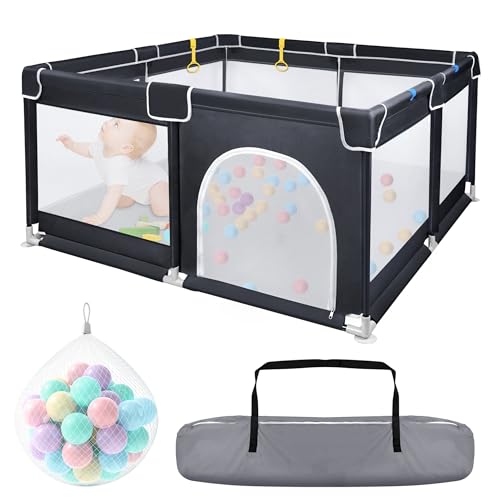 Froadp Baby Laufstall, Faltbare Kinder Laufgitter & -ställe, Babyzaun Absperrgitter mit Atmungsaktivem Netz und 50 Kugeln, Mobile Krabbeln Playpens,Bällebad für Kinder Baby,Schwarz,127x127x68cm