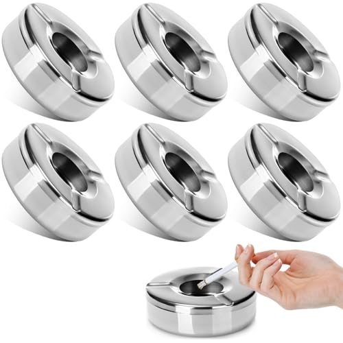 6 Stücke 10cm Aschenbecher Edelstahl Aschenbecher mit Deckel Moderne Tischplatte Windaschenbecher für Draußen Home Office Balkon Partys Outdoor (Silber)